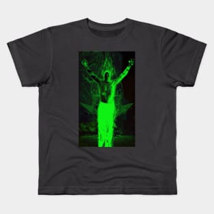 Portrait, digital collage and special processing. Shirtless man, stands. All chakras opened. Mystic. Green. Kids T-Shirt